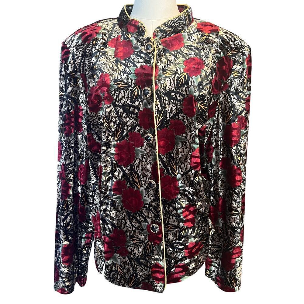 R&K Vintage Evening Black/Red/Gold Velour Feel Button Down Women's Top.  Size 18